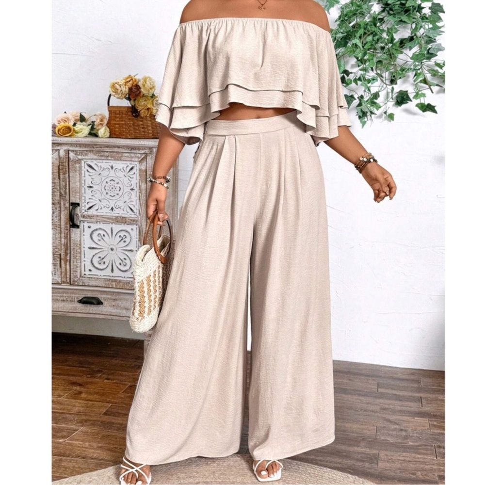 Plus Solid Ruffle Off Shoulder Crop Top Wide Leg … - image 2